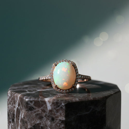 14K Rose Gold Natural Opal & Diamond EFFY Ring - Size 7