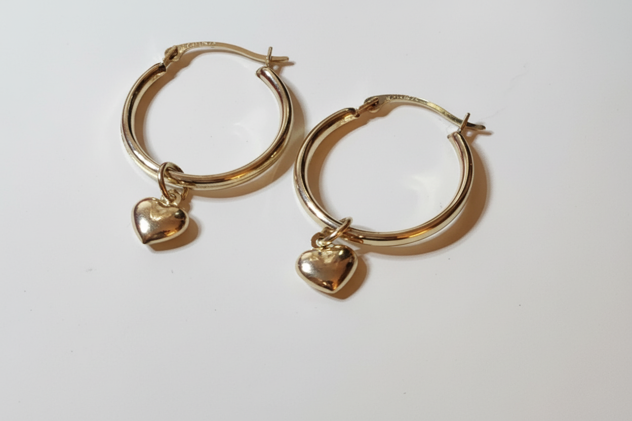 14K Yellow Gold Heart Dangle Earrings - Classic Drop Style