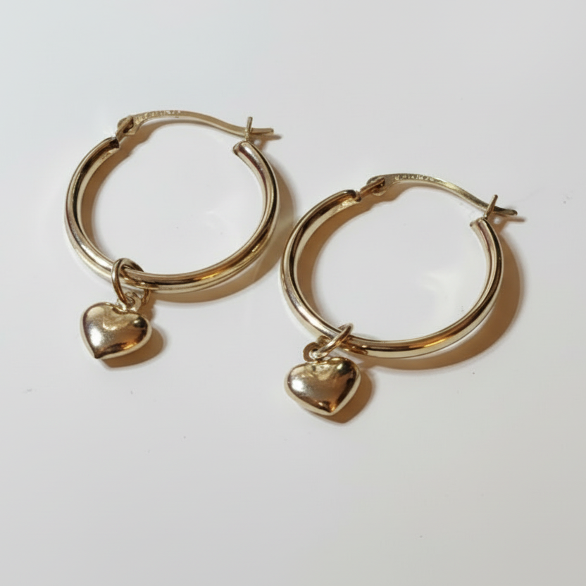 14K Yellow Gold Heart Dangle Earrings - Classic Drop Style