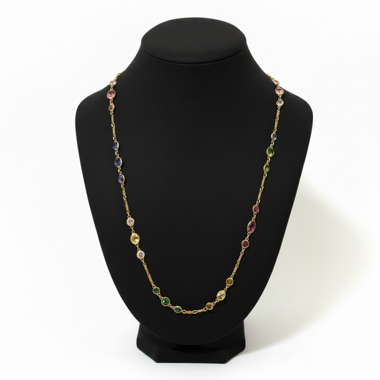 Multi-Gemstone 14k Gold Station Necklace - Sapphires, Tourmalines, Zircon, Peridot