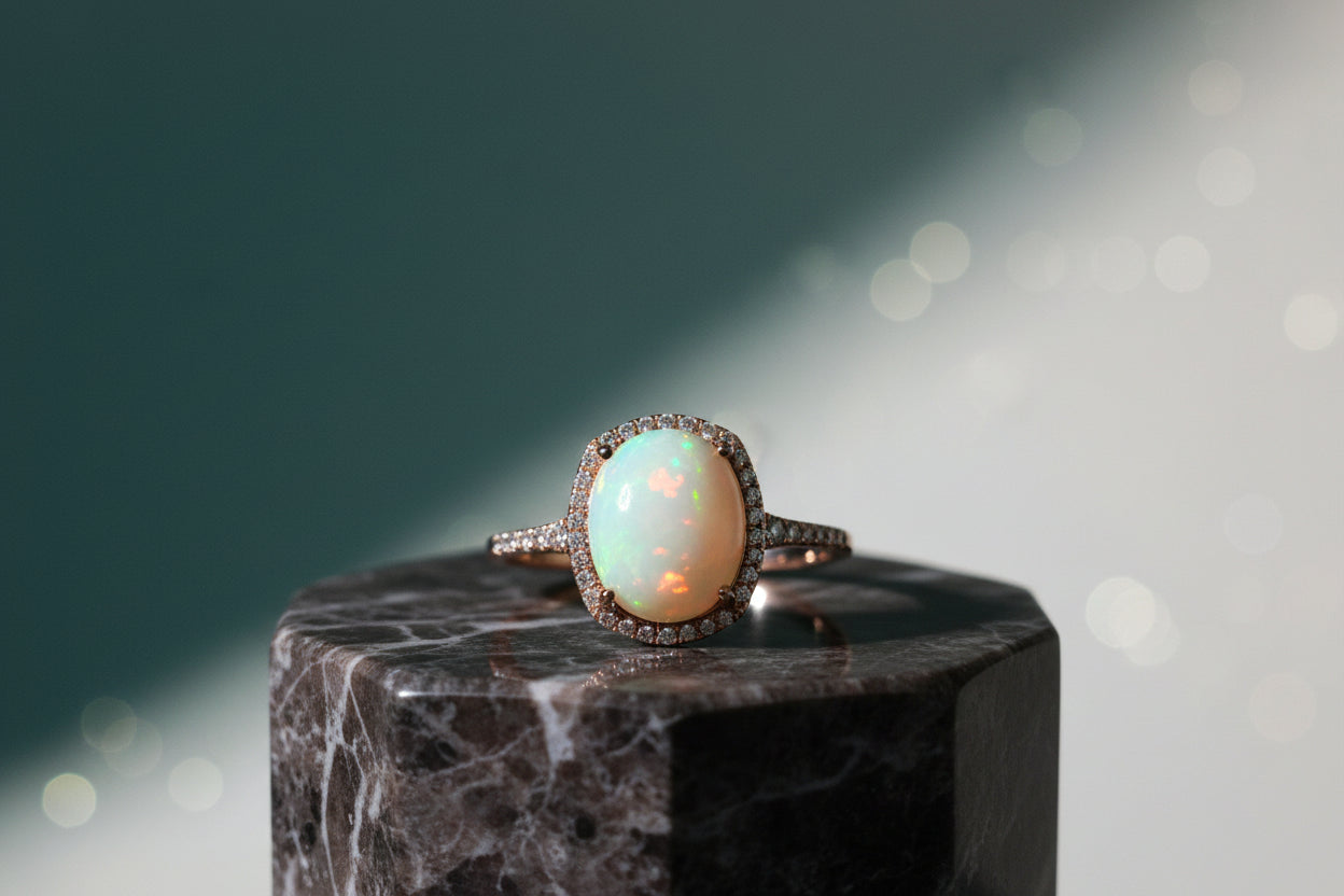 14K Rose Gold Natural Opal & Diamond EFFY Ring - Size 7