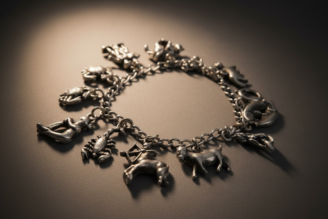 Antique Sterling Silver Zodiac Charm Bracelet - Complete 12 Signs