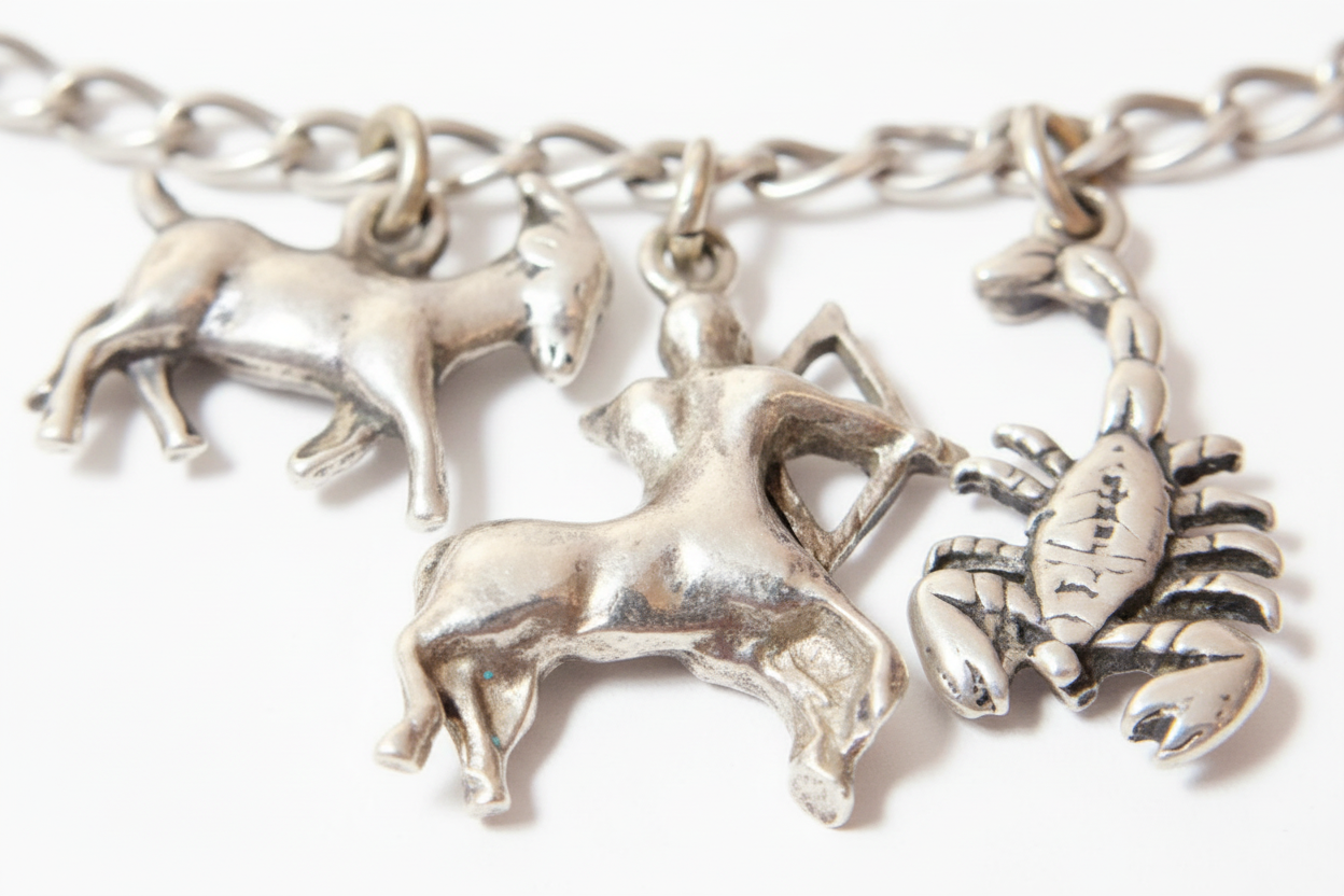 Antique Sterling Silver Zodiac Charm Bracelet - Complete 12 Signs