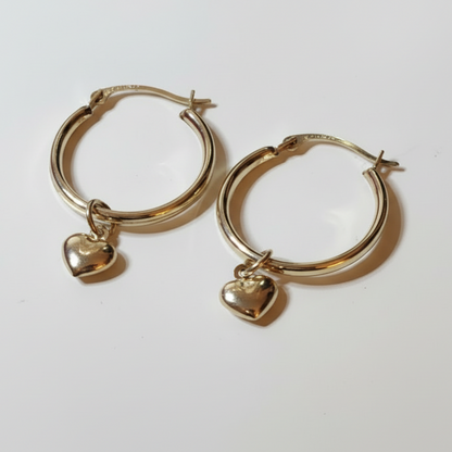 14K Yellow Gold Heart Dangle Earrings - Classic Drop Style