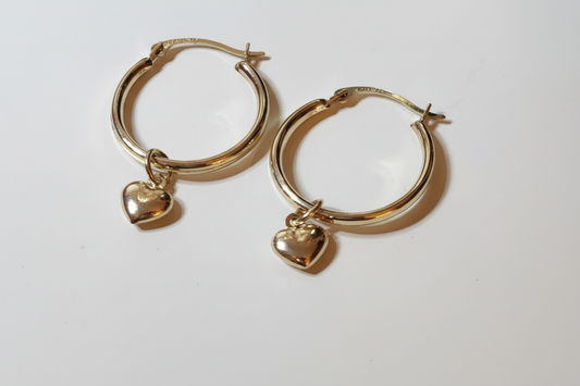 14K Yellow Gold Heart Dangle Earrings - Classic Drop Style