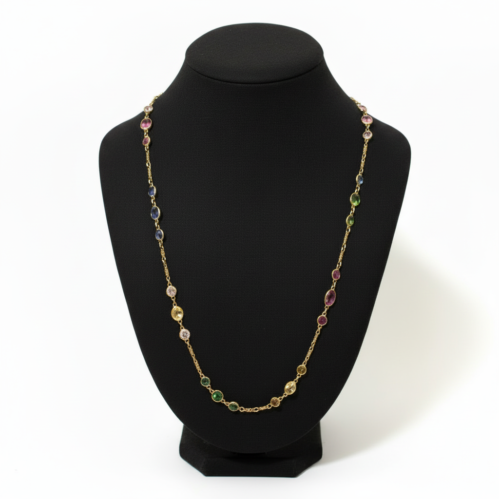Multi-Gemstone 14k Gold Station Necklace - Sapphires, Tourmalines, Zircon, Peridot