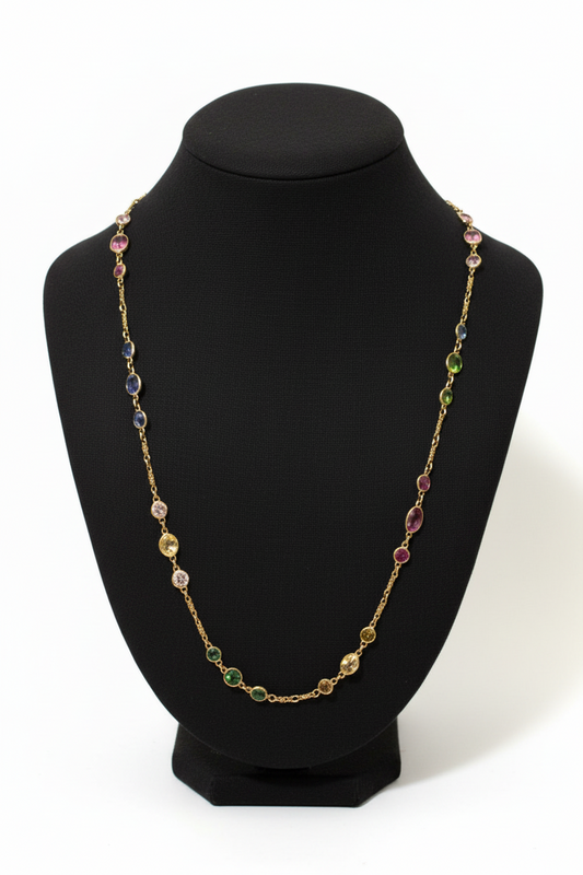 Multi-Gemstone 14k Gold Station Necklace - Sapphires, Tourmalines, Zircons, Peridot