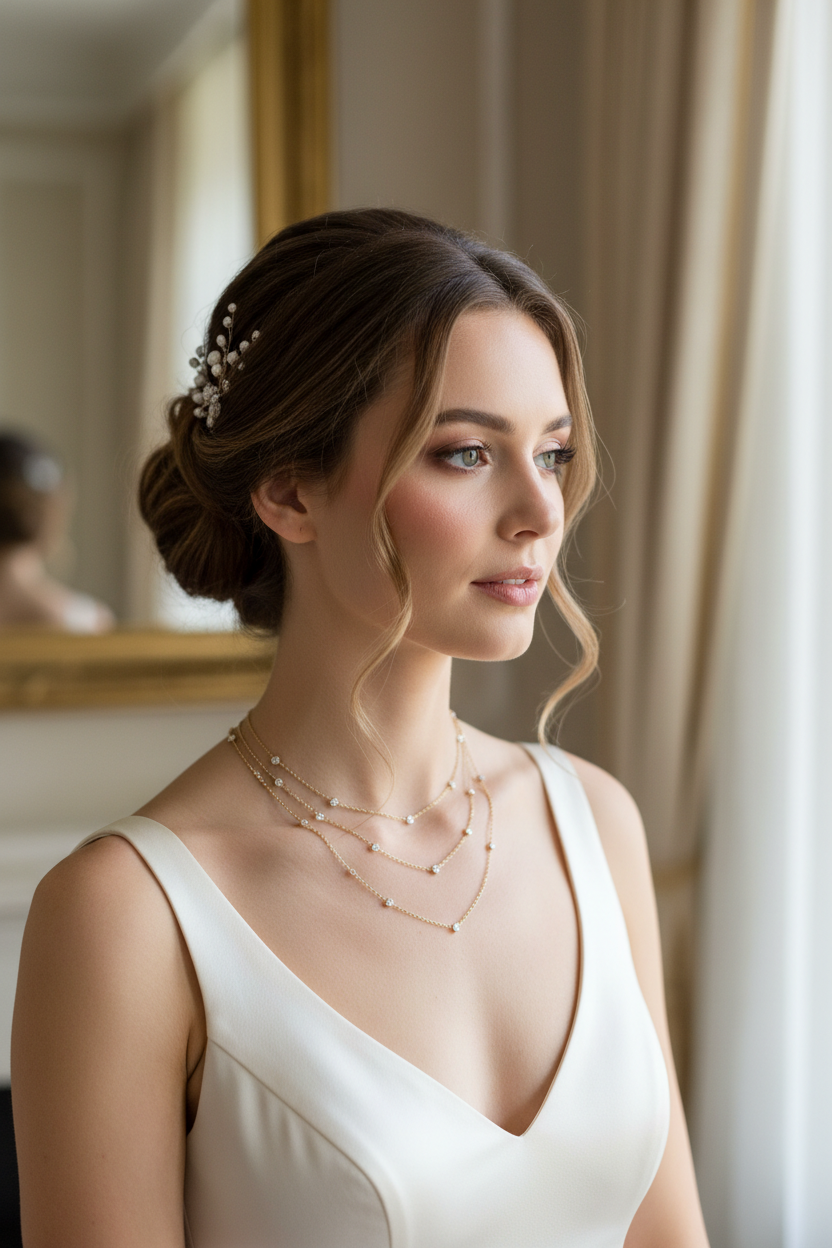 Bride wearing triple wrap diamond by the yard necklace