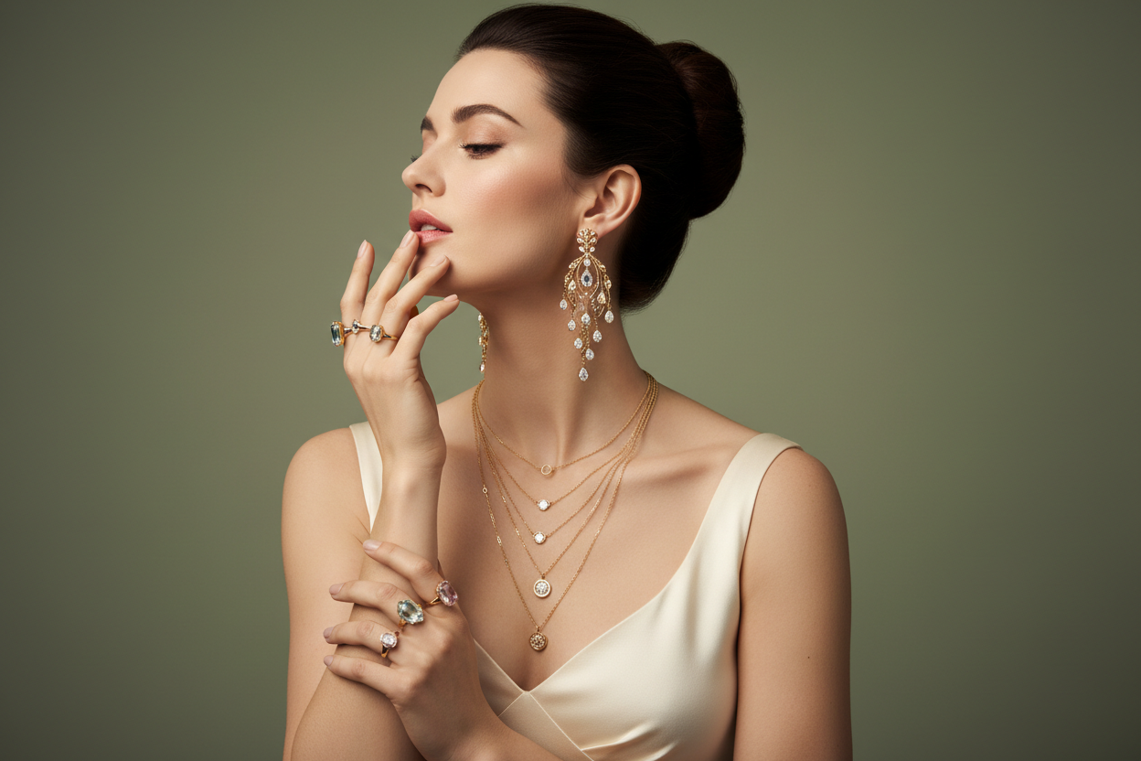 Elegant fine jewelry editorial with dark-haired model