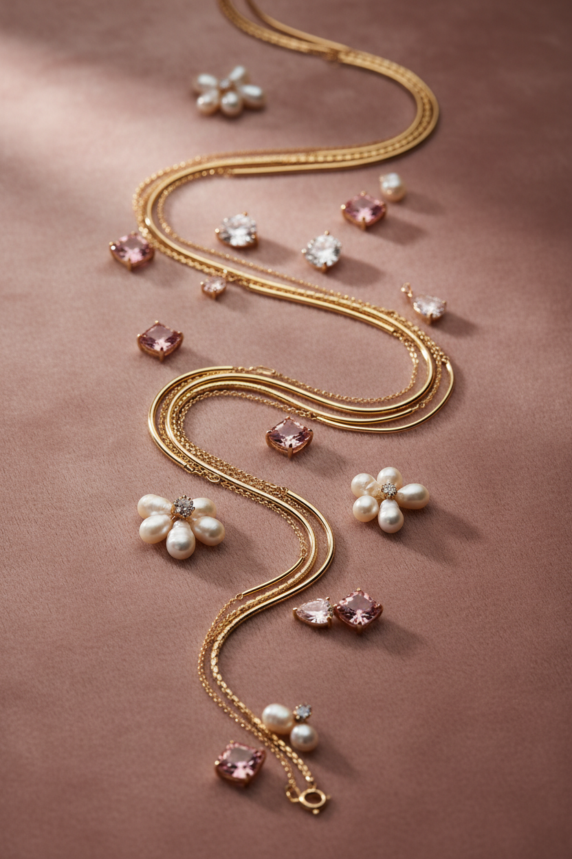 Elegant jewelry still life with blush rose background