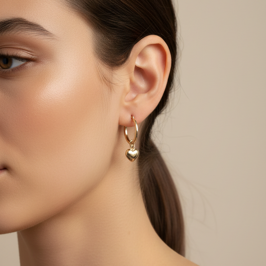 Gold Hoop Heart Charm Earrings on Model
