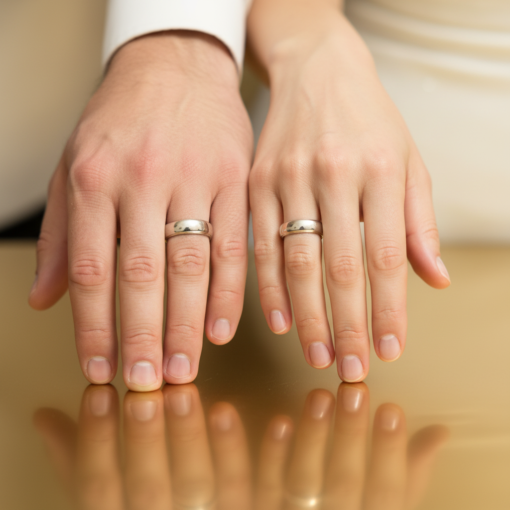 Male and female hands wearing matching white gold wedding bands