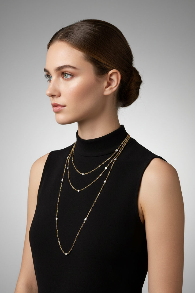 Model wearing 14K Gold Diamond Necklace - Double Wrap
