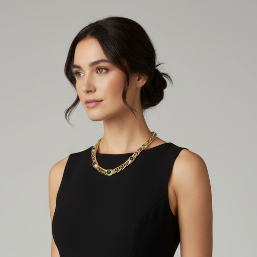 Model wearing 14K Gold Multi-Gemstone Necklace