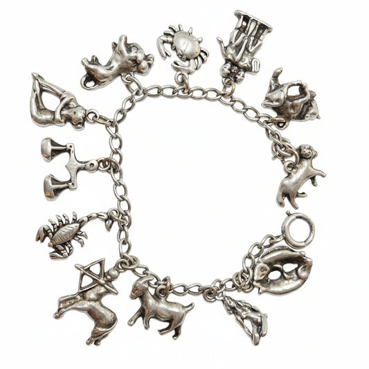 Antique Sterling Silver Zodiac Charm Bracelet - Complete 12 Signs