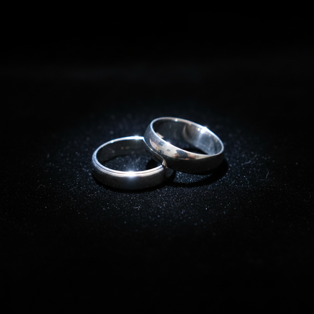 White gold wedding bands on velvet background